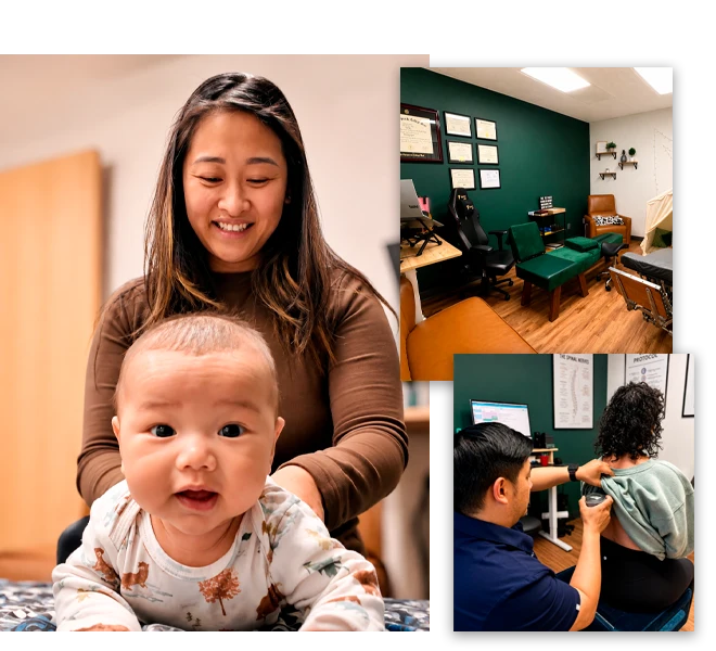 Collage featuring a baby on a treatment table, a chiropractic treatment room, and a therapy session.