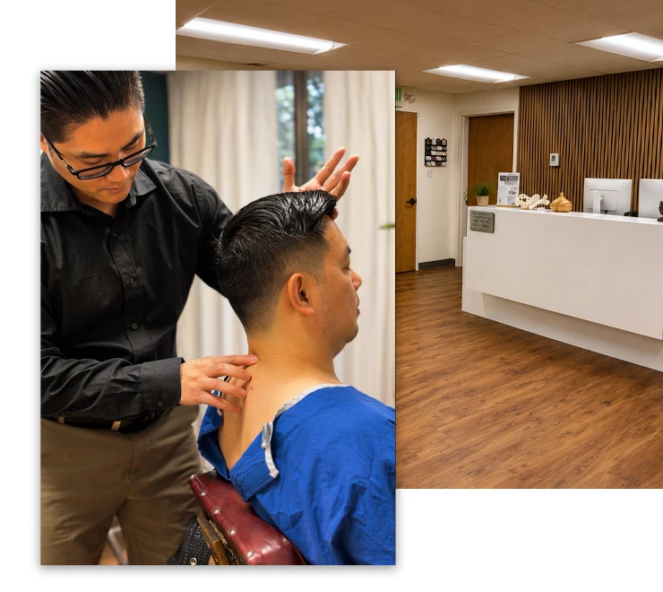 Collage showing a practitioner assessing a seated patient and a clinic reception area with front desk.